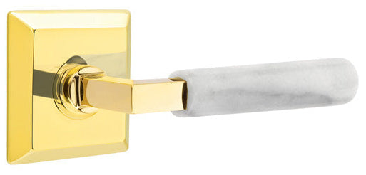 Emtek L-Square White Marble Grip Door Lever with Quincy Rosette in Unlacquered Brass Finish
