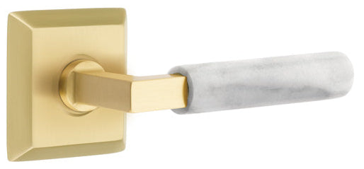 Emtek L-Square White Marble Grip Door Lever with Quincy Rosette in Satin Brass Finish