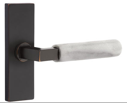 Emtek L-Square White Marble Grip Door Lever with 1 1/2 x 5 inch Rectangular Stretto Rosette in Oil Rubbed Bronze Finish