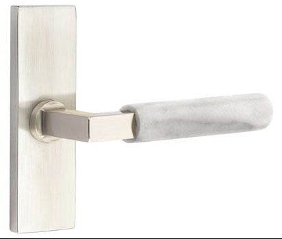 Emtek L-Square White Marble Grip Door Lever with 1 1/2 x 5 inch Rectangular Stretto Rosette in Satin Nickel Finish