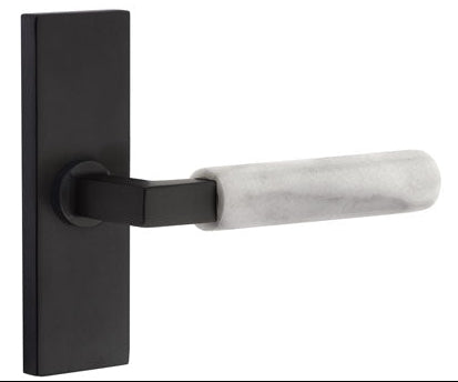 Emtek L-Square White Marble Grip Door Lever with 1 1/2 x 5 inch Rectangular Stretto Rosette in Flat Black Finish