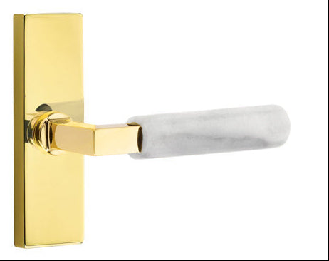 Emtek L-Square White Marble Grip Door Lever with 1 1/2 x 5 inch Rectangular Stretto Rosette in Unlacquered Brass Finish