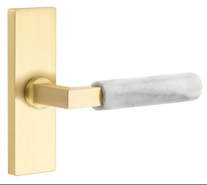 Emtek L-Square White Marble Grip Door Lever with 1 1/2 x 5 inch Rectangular Stretto Rosette in Satin Brass Finish