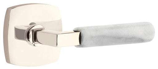  Emtek L-Square White Marble Grip Door Lever with Urban Rosette in Polished Nickel Finish