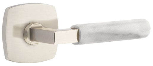  Emtek L-Square White Marble Grip Door Lever with Urban Rosette in Satin Nickel Finish