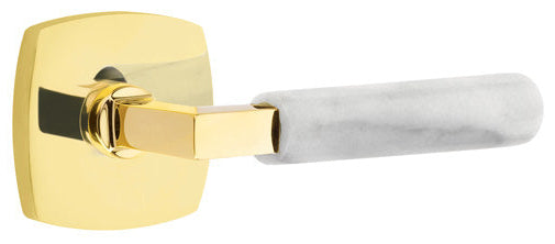  Emtek L-Square White Marble Grip Door Lever with Urban Rosette in Unlacquered Brass Finish