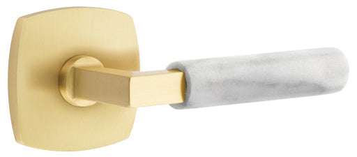  Emtek L-Square White Marble Grip Door Lever with Urban Rosette in Satin Brass Finish