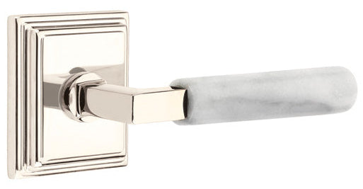 Emtek L-Square White Marble Grip Door Lever with Wilshire Rosette in Polished Nickel Finish