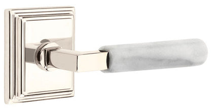 Emtek L-Square White Marble Grip Door Lever with Wilshire Rosette in Polished Nickel Finish