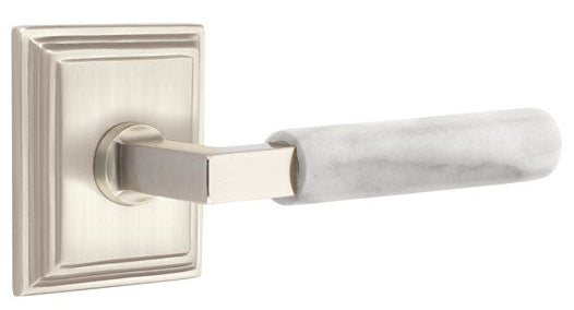 Emtek L-Square White Marble Grip Door Lever with Wilshire Rosette in Satin Nickel Finish