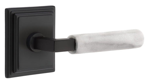 Emtek L-Square White Marble Grip Door Lever with Wilshire Rosette in Flat Black Finish