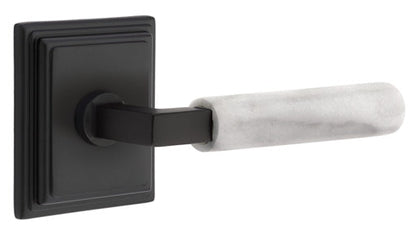 Emtek L-Square White Marble Grip Door Lever with Wilshire Rosette in Flat Black Finish