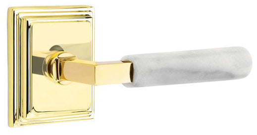 Emtek L-Square White Marble Grip Door Lever with Wilshire Rosette in Unlacquered Brass Finish