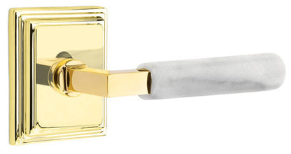 Emtek L-Square White Marble Grip Door Lever with Wilshire Rosette in Unlacquered Brass Finish