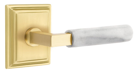 Emtek L-Square White Marble Grip Door Lever with Wilshire Rosette in Satin Brass Finish