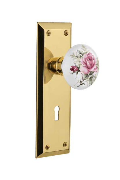 Nostalgic Warehouse New York Plate with White/Rose Porcelain Knob - Mortise Lock