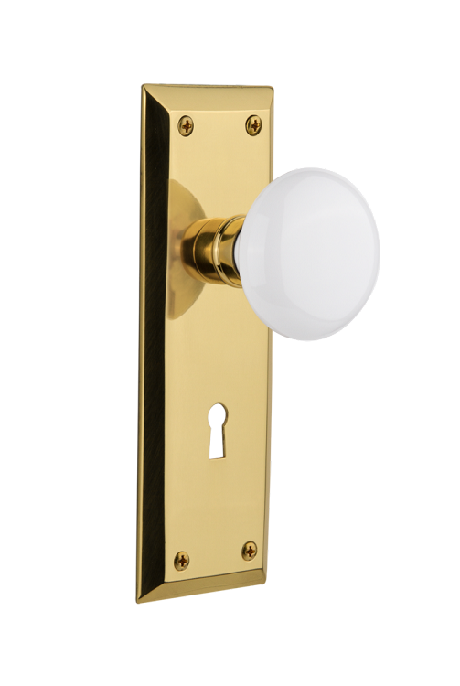 Nostalgic Warehouse New York Plate with Porcelain Knob - Polished Brass ( All Mortise Come W/ Keyhole )