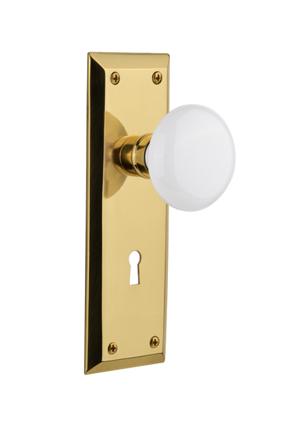 Nostalgic Warehouse New York Plate with Porcelain Knob - Polished Brass ( All Mortise Come W/ Keyhole )