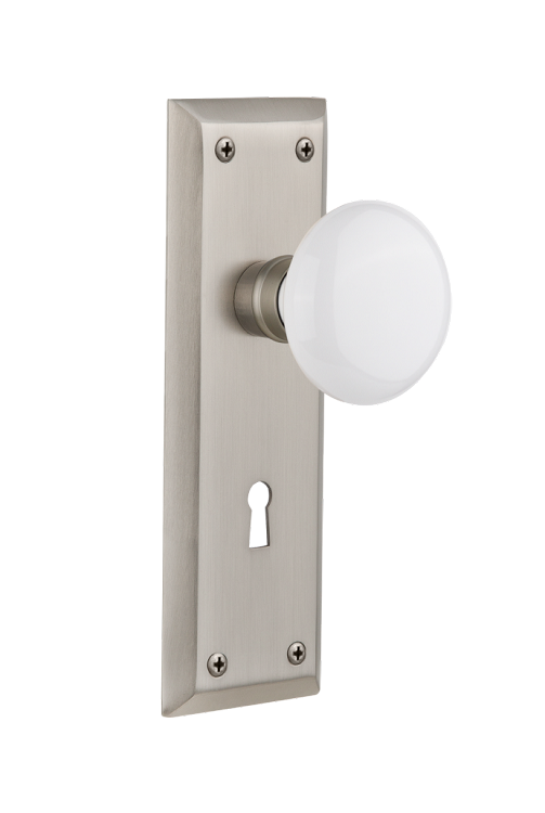 Nostalgic Warehouse New York Plate with Porcelain Knob - Satin Nickel