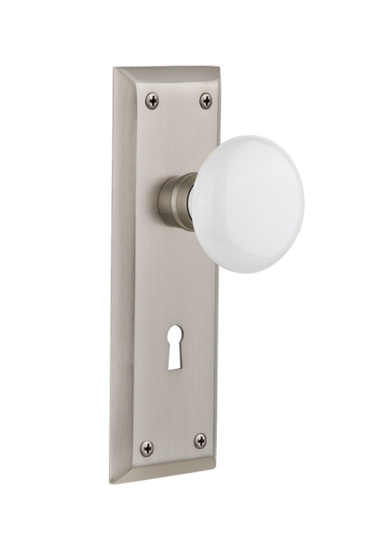 Nostalgic Warehouse New York Plate with Porcelain Knob - Satin Nickel