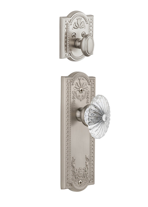 Grandeur Parthenon Handleset with Burgundy Knob - Interior Half Only Satin Nickel