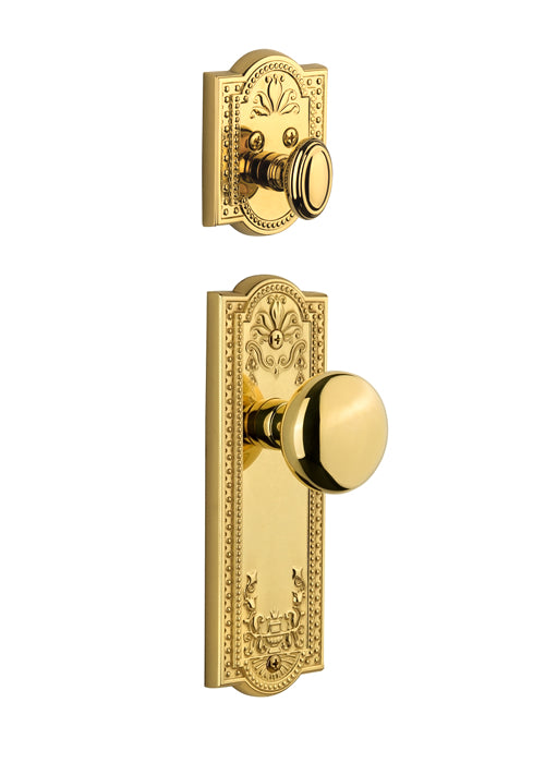 Grandeur Parthenon Handleset with Fifth Avenue Knob - Interior Half Only Polished Brass / Lifetime Brass