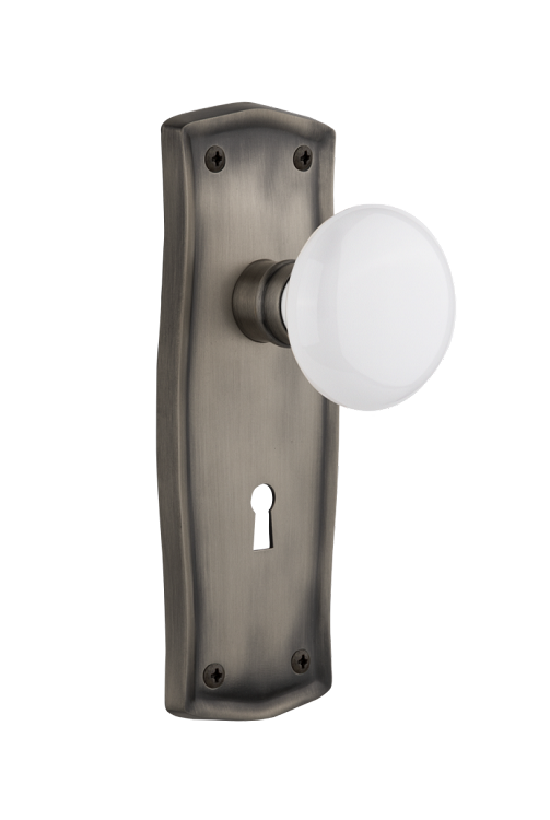 Nostalgic Warehouse Prairie Plate with White Porcelain Knob Mortise Lock- Antique Pewter