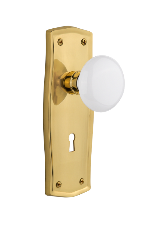 Nostalgic Warehouse Prairie Plate with White Porcelain Knob Mortise Lock- Polished Brass