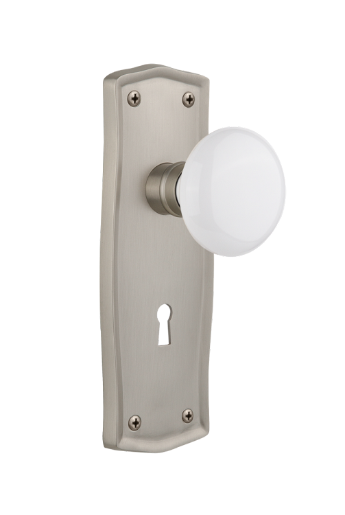 Nostalgic Warehouse Prairie Plate with White Porcelain Knob Mortise Lock- Satin Nickel