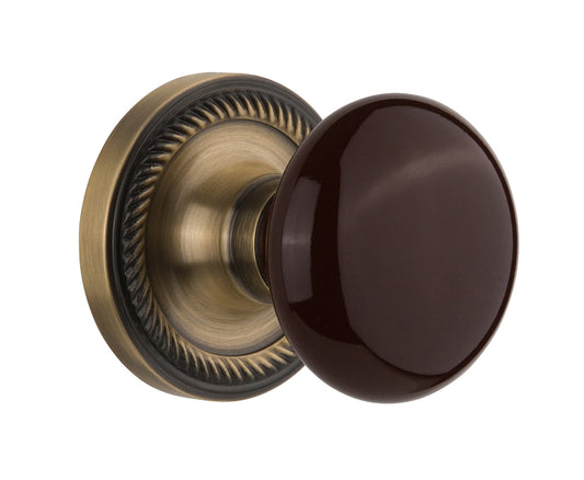 Nostalgic Warehouse Brown Porcelain Knob with Rope Rosette ( All Mortise Come W/ Keyhole ) - Antique Pewter