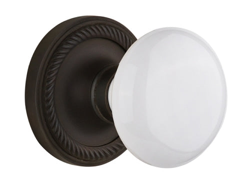 Nostalgic Warehouse Rope Rosette with White Porcelain Knob  - Oil Rubbed Bronze