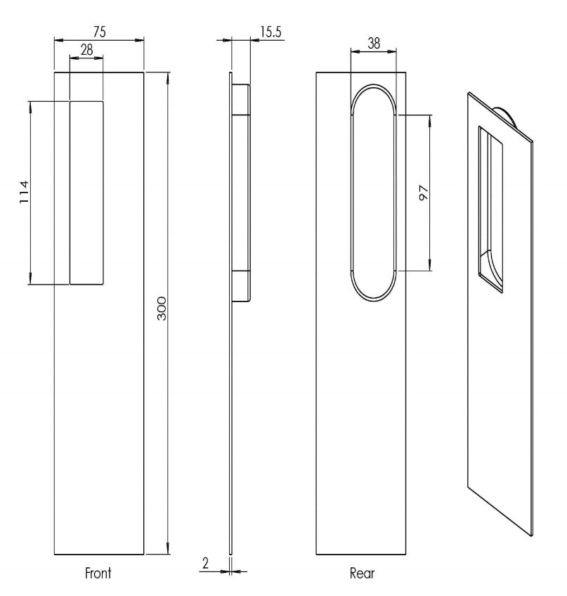 Linnea Rectangle Flush Pull RPS-375L, Satin Stainless Steel