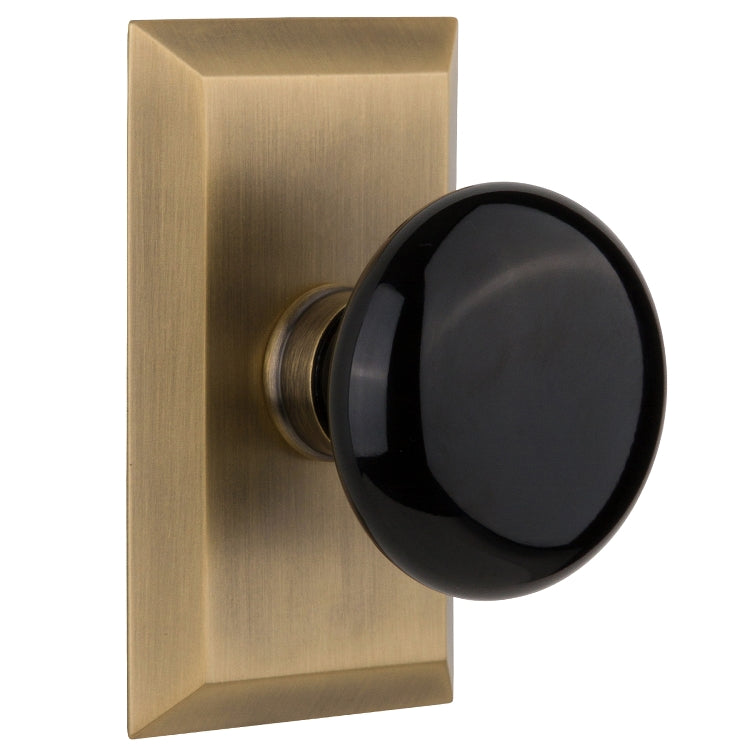 Nostalgic Warehouse Studio Plate with Black Porcelain Knob - Antique brass