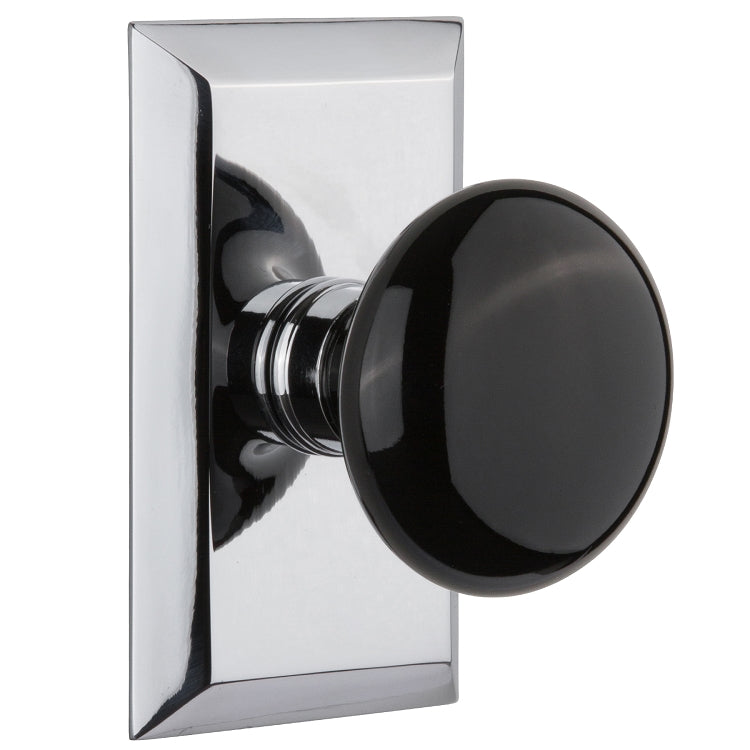 Nostalgic Warehouse Studio Plate with Black Porcelain Knob - Bright chrome