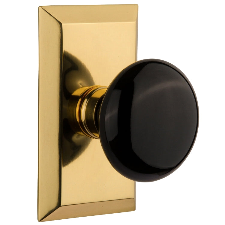 Nostalgic Warehouse Studio Plate with Black Porcelain Knob - Polished brass