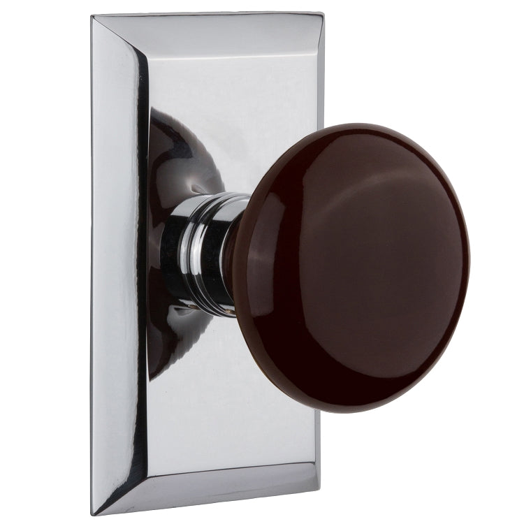 Nostalgic Warehouse Studio Plate with Brown Porcelain Knob - Bright chrome