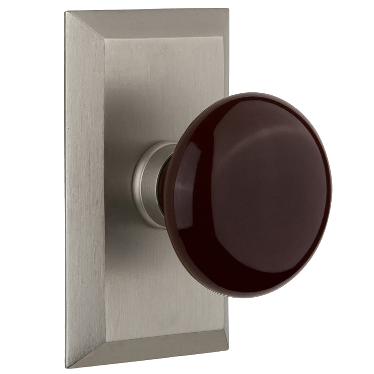 Nostalgic Warehouse Studio Plate with Brown Porcelain Knob - Satin nickel