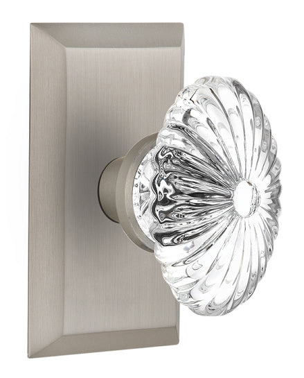Nostalgic Warehouse Oval Fluted Crystal Knob with Studio Plate - Satin nickel