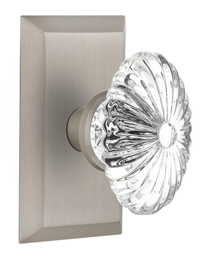 Nostalgic Warehouse Oval Fluted Crystal Knob with Studio Plate - Satin nickel