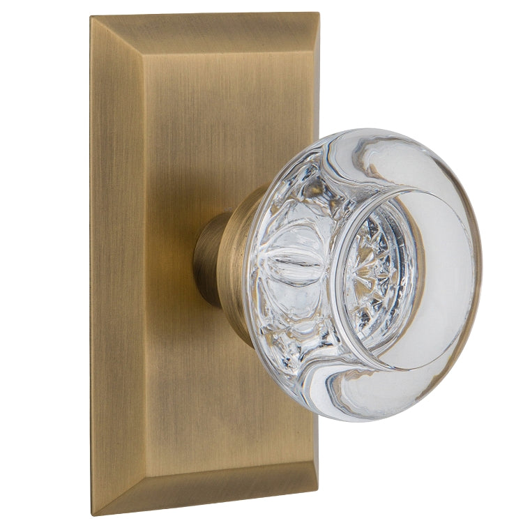 Nostalgic Warehouse Round Clear Crystal Knob with Studio Plate - Antique brass