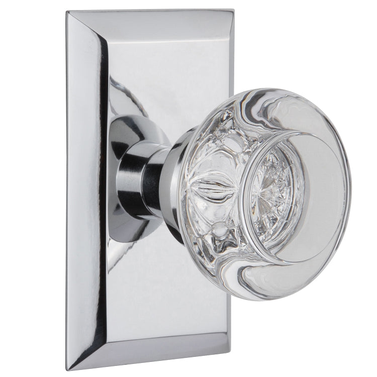 Nostalgic Warehouse Round Clear Crystal Knob with Studio Plate - Bright chrome
