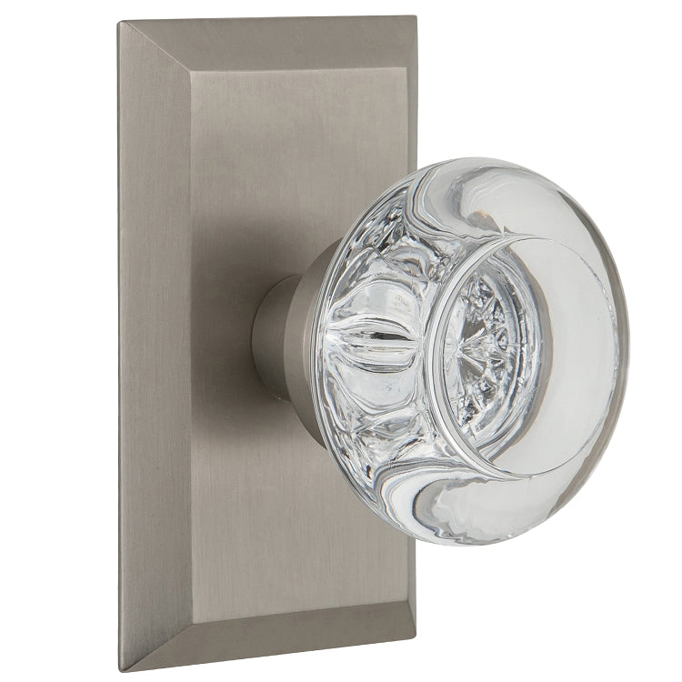 Nostalgic Warehouse Round Clear Crystal Knob with Studio Plate - Satin nickel