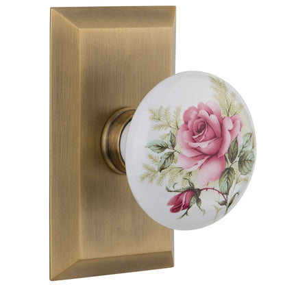 Nostalgic Warehouse Studio Plate with White/Rose Porcelain Knob - Antique brass