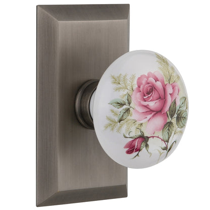 Nostalgic Warehouse Studio Plate with White/Rose Porcelain Knob - Antique pewter