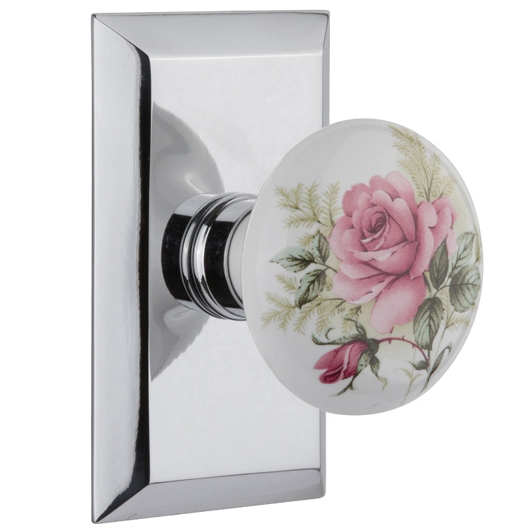 Nostalgic Warehouse Studio Plate with White/Rose Porcelain Knob - Bright chrome