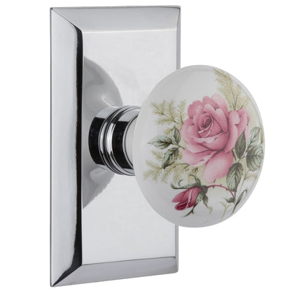 Nostalgic Warehouse Studio Plate with White/Rose Porcelain Knob - Bright chrome