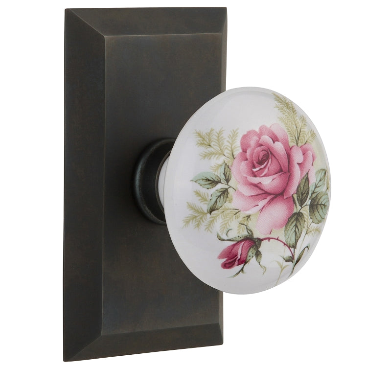 Nostalgic Warehouse Studio Plate with White/Rose Porcelain Knob - Oil rubbed bronze