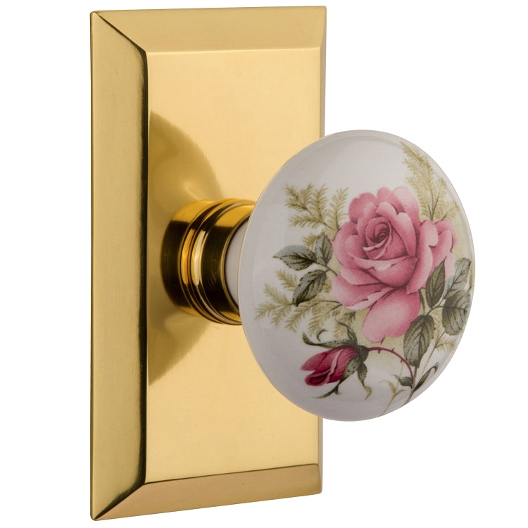Nostalgic Warehouse Studio Plate with White/Rose Porcelain Knob - Polished brass