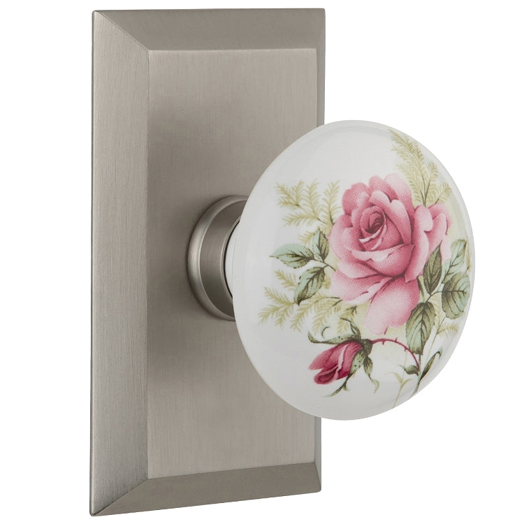 Nostalgic Warehouse Studio Plate with White/Rose Porcelain Knob - Satin nickel