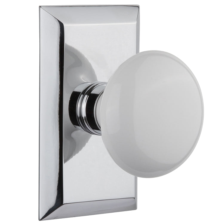 Nostalgic Warehouse Studio Plate with White Porcelain Knob - Bright chrome
